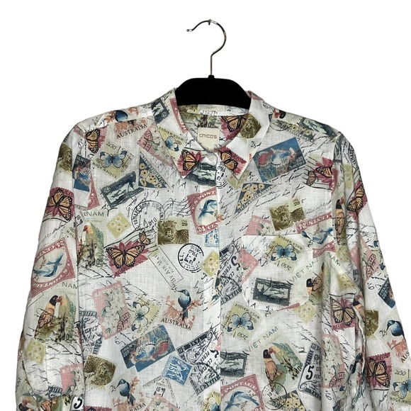 Chico's 100% Linen Novelty Print Button Up Size Medium Vacation Passport Travel - Picture 2 of 10